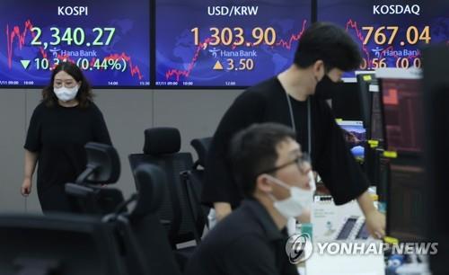 Electronic signboards at a Hana Bank dealing room in Seoul show the benchmark Korea Composite Stock Price Index (KOSPI) closed at 2,340.27 points on July 11, 2022, down 10.34 points, or 0.44 percent, from the previous session&apos;s close. (Yonhap)