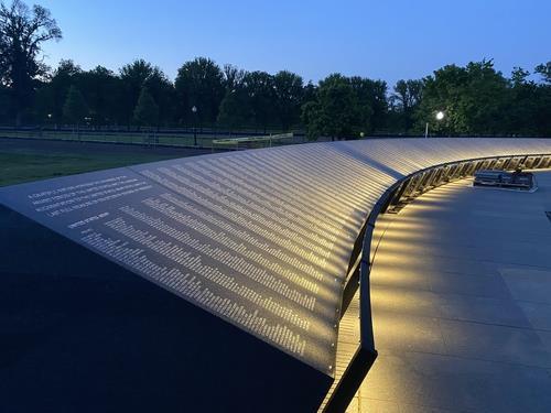 The photo, provided by the Korean War Veterans Memorial Foundation, shows the Wall of Remembrance, which displays the names of 43,808 U.S. and South Korean soldiers killed during the 1950-53 Korean War. The latest addition to the Korean War Veterans Memorial in Washington is set to be dedicated on July 27, 2022. (PHOTO NOT FOR SALE) (Yonhap)