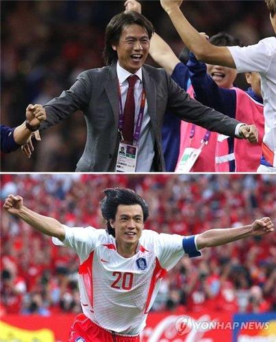 Top: South Korea head coach Hong Myung-bo celebrates his team's shootout victory over Britain in the men's football quarterfinals at the London Olympics at Millennium Stadium in Cardiff, Wales, on Aug. 4, 2012.Bottom: South Korea captain Hong Myung-bo celebrates his decisive penalty in the team's shootout victory over Spain in the quarterfinals of the FIFA World Cup at Gwangju World Cup Stadium in Gwangju, 270 kilometers south of Seoul, on June 22, 2002. (Yonhap)