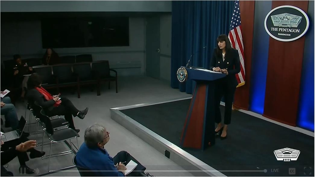 Sabrina Singh, principal deputy spokesperson for the Department of Defense, is seen taking questions during a daily press briefing at the Pentagon in Washington on Jan. 26, 2023 in this captured image. (Yonhap)