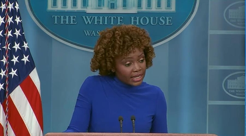 White House press secretary Karine Jean-Pierre speaks during a daily press briefing at the White House in Washington on March 7, 2023, in this captured image. (Yonhap)