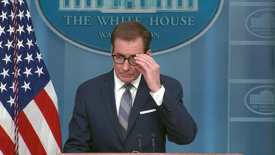 John Kirby, NSC coordinator for strategic communications, is seen taking questions during a press briefing at the White House in Washington on April 10, 2023 in this captured image. (Yonhap)