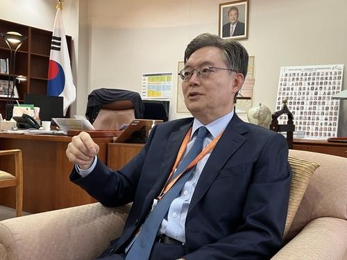 Hwang Joon-kook, the South Korean ambassador to the United Nations, speaks during an interview with Yonhap News Agency on May 27, 2023 (New York time). Hwang previously served as the ambassador to Britain. (Yonhap)