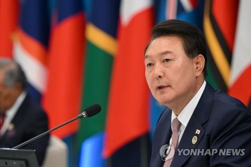 President Yoon Suk Yeol speaks during the Korea-Pacific Islands Summit in Seoul on May 29, 2023, in this photo released by his office. (PHOTO NOT FOR SALE) (Yonhap)