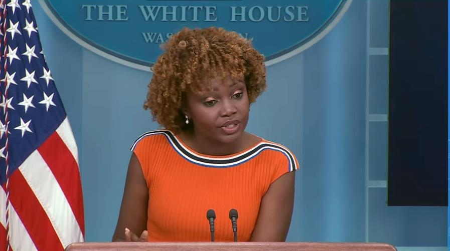 White House Press Secretary Karine Jean-Pierre is seen answering questions during a daily press briefing at the White House in Washington on July 18, 2023 in this captured image. (Yonhap)