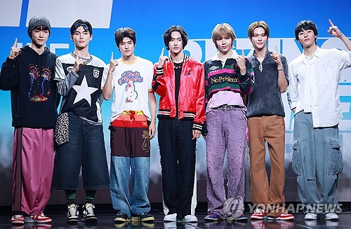 Riize, a new boy group from SM Entertainment, poses during a media showcase for its debut single, "Get a Guitar," in Seoul on Sept. 4, 2023. (Yonhap)