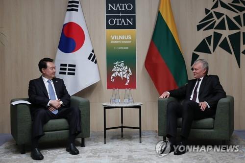 This file photo shows South Korean President Yoon Suk Yeol (L) holding talks with Lithuanian President Gitanas Nauseda in Vilnius, Lithuania, on July 12, 2023, on the sidelines of a summit of the North Atlantic Treaty Organization. (Pool photo) (Yonhap)