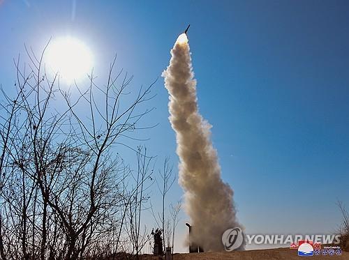 North Korea launches a missile on Feb. 2, 2024, in this file photo released by the Korean Central News Agency the next day. The country conducted what state media called a cruise missile super-large warhead power test and test-fired a new anti-aircraft missile. (For Use Only in the Republic of Korea. No Redistribution) (Yonhap)
