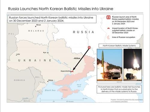 Esta imagen, proporcionada por la Casa Blanca, muestra el lanzamiento por parte de Rusia de misiles balísticos norcoreanos hacia Ucrania.  (FOTO NO EN VENTA) (Yonhap)