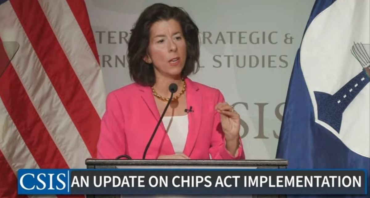U.S. Commerce Secretary Gina Raimondo speaks during a forum hosted by the Center for Strategic and International Studies in Washington on Feb. 26, 2024 in this photo captured from a livestream of her speech on CSIS's YouTube account. (PHOTO NOT FOR SALE) (Yonhap)