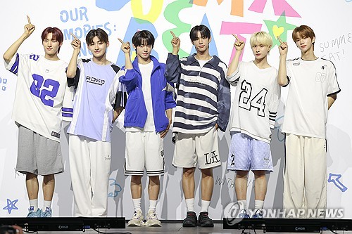 K-pop boy group TWS poses for the camera during a media showcase for its second EP, "Summer Beat!" in Seoul on June 24, 2024. (Yonhap)