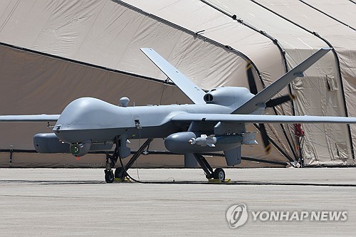 This file photo, provided by the Defense Daily on April 19, 2024, shows a U.S. MQ-9 Reaper attack drone at an air base in Gunsan, 176 kilometers south of Seoul. (PHOTO NOT FOR SALE) (Yonhap)