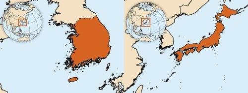 ＷＨＯのホームページの韓国地図（左）と日本地図（ＶＡＮＫ提供）＝（聯合ニュース）