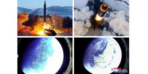 朝鮮中央通信が公開した中距離弾道ミサイル「火星１２」の発射実験の様子とミサイル弾頭部に設置したカメラで撮影した地球の写真＝（朝鮮中央通信＝聯合ニュース）≪転載・転用禁止≫