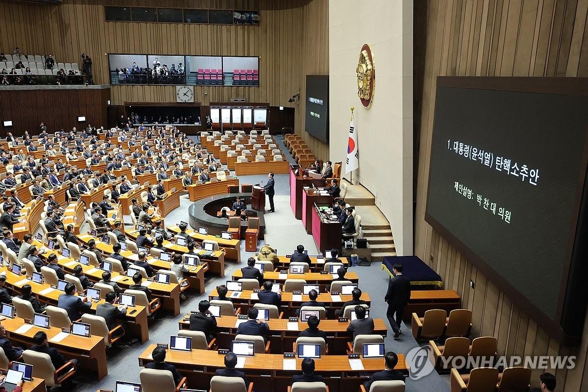 탄핵 소추안의 채결을 실시하는 국회=14일, 서울(연합 뉴스)