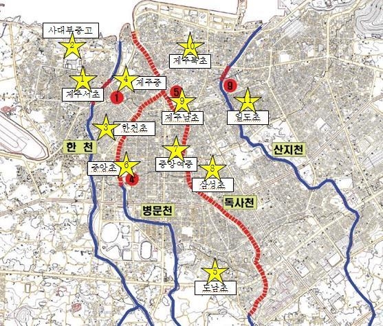 제주시내 복개 하천 주변 학교 위치[제주도교육청 제공=연합뉴스]