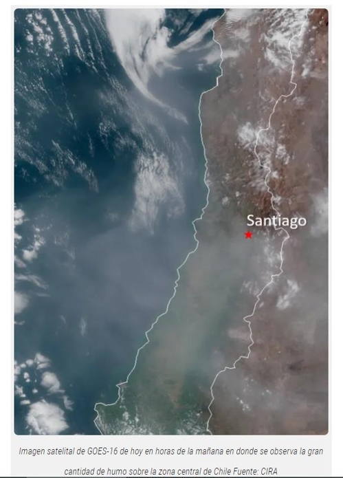 칠레 중부가 연기로 덮인 위성사진