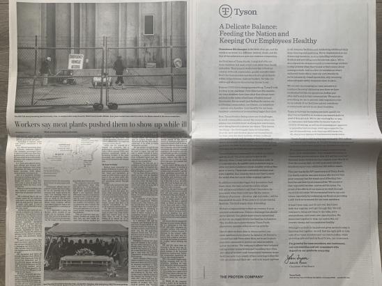 워싱턴포스트에 게재된 타이슨푸드 호소문(우측)과 워싱턴포스트의 비판 보도(좌측)