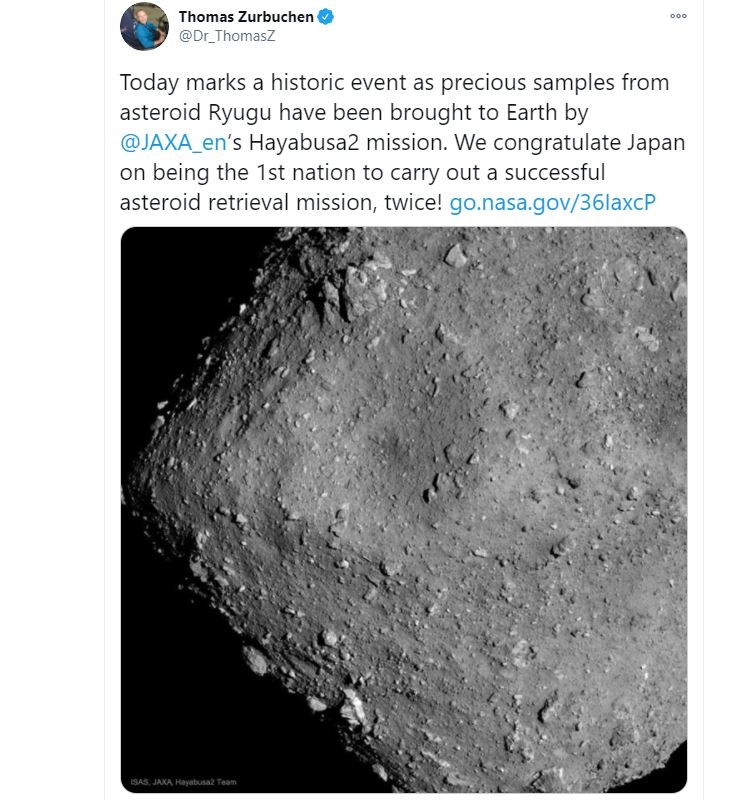(도쿄=연합뉴스) = 토마스 자부켄 미국 항공우주국(NASA) 부국장은 하야부사2가 류구에서 채취한 시료가 지구로 이송되는 것에 관해 "역사적인 이벤트"라고 평가하는 글을 트위터에 올렸다. [토마스 자부켄 트위터 캡처, 재판매 및 DB 금지]