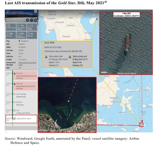 [유엔 대북제재위 보고서 캡처] 북한에 석유 관련 제품을 수송한 것으로 의심되는 골드스타호 관련 위성·신호 정보