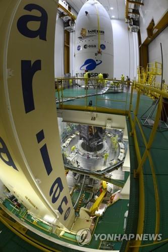 아리안5호 로켓에 탑재된 웹 망원경에 페어링을 덮는 과정 