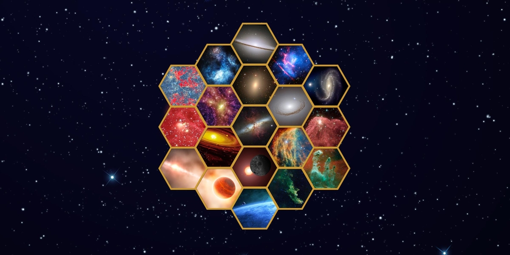 웹 망원경의 주경을 구성하는 18개 거울에 다양한 관측 목표를 형상화한 장면 