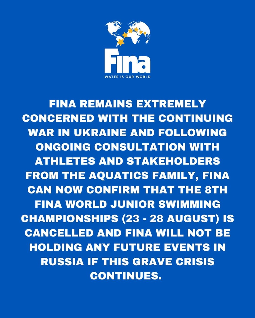 러시아 카잔에서 개최할 예정이었던 세계주니어수영선수권대회 취소를 알리는 FINA