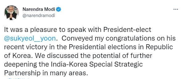  윤석열 대통령 당선인과의 통화 사실을 알린 나렌드라 모디 인도 총리의 트윗.