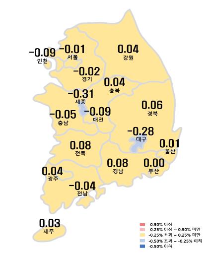 시도별 아파트 주간 전세가격지수 변동률 <BR>[한국부동산원 제공. 재판매 및 DB 금지]