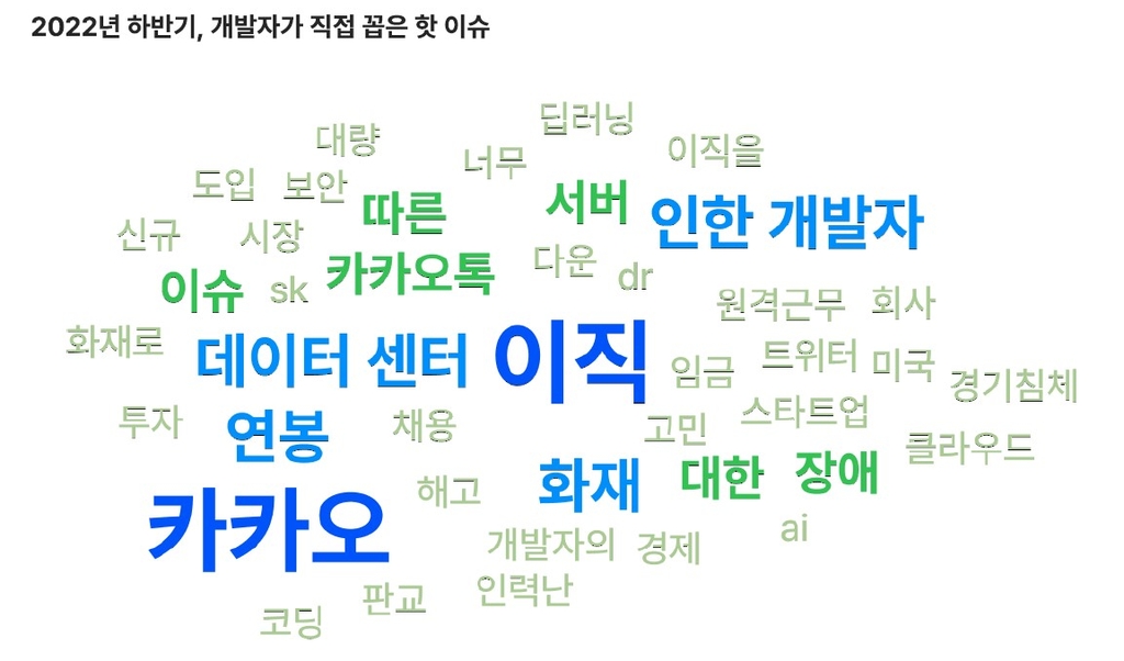 개발자들이 꼽은 하반기 '핫 이슈'. 단어 색이 진할수록, 글씨가 클수록 많이 선택.