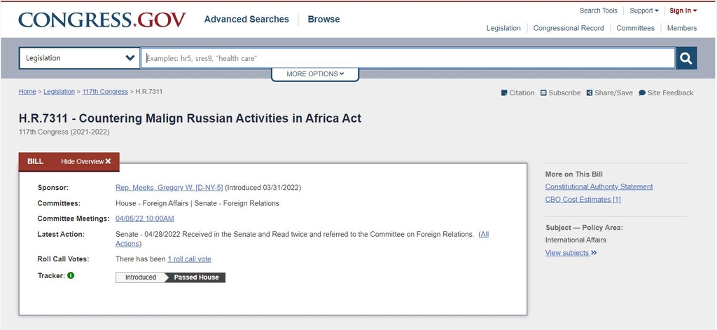미국 상원에 계류 중인 '아프리카에서 러시아의 악의적 활동에 대응하는 법안'