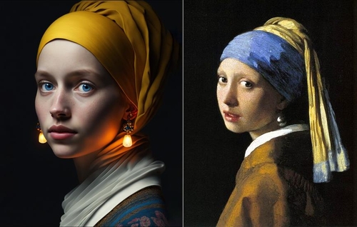 '진주 귀걸이를 한 소녀' 페르메이르의 원작(오른쪽)과 인공지능(AI)이 그린 모작