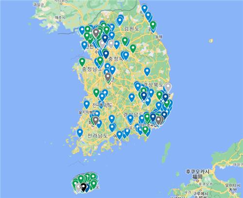 국내 노키즈존 영업장이 표시된 구글 지도