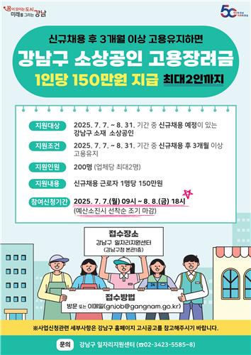 강남구, 신규 채용 소상공인에 1인당 150만원 고용장…