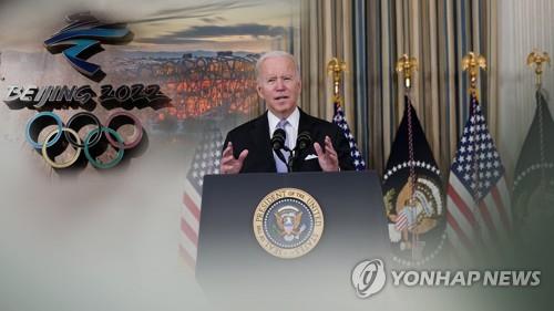 La imagen compuesta, proporcionada por la Televisión de Noticias Yonhap, muestra al presidente de Estados Unidos, Joe Biden y el logotipo de los Juegos Olímpicos de Pekín. (Prohibida su reventa y archivo)