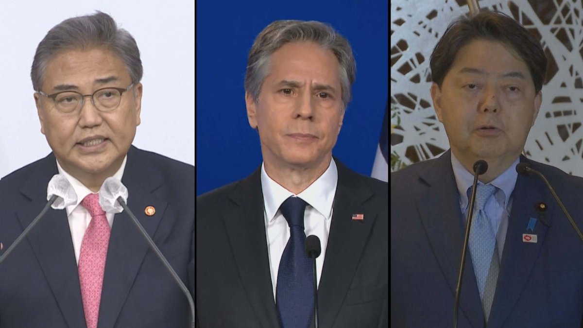 This file photo shows (from left) South Korean Foreign Minister Park Jin, U.S. Secretary of State Antony Blinken, Japanese Foreign Minister Hayashi Yoshimasa. (Yonhap)