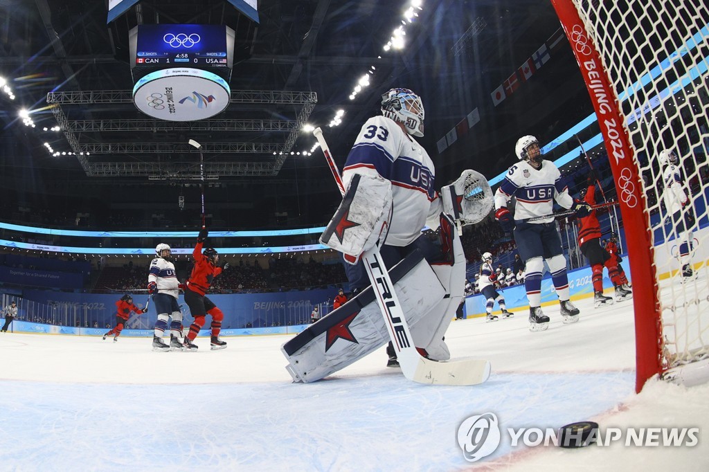 Puck going into the American goal net