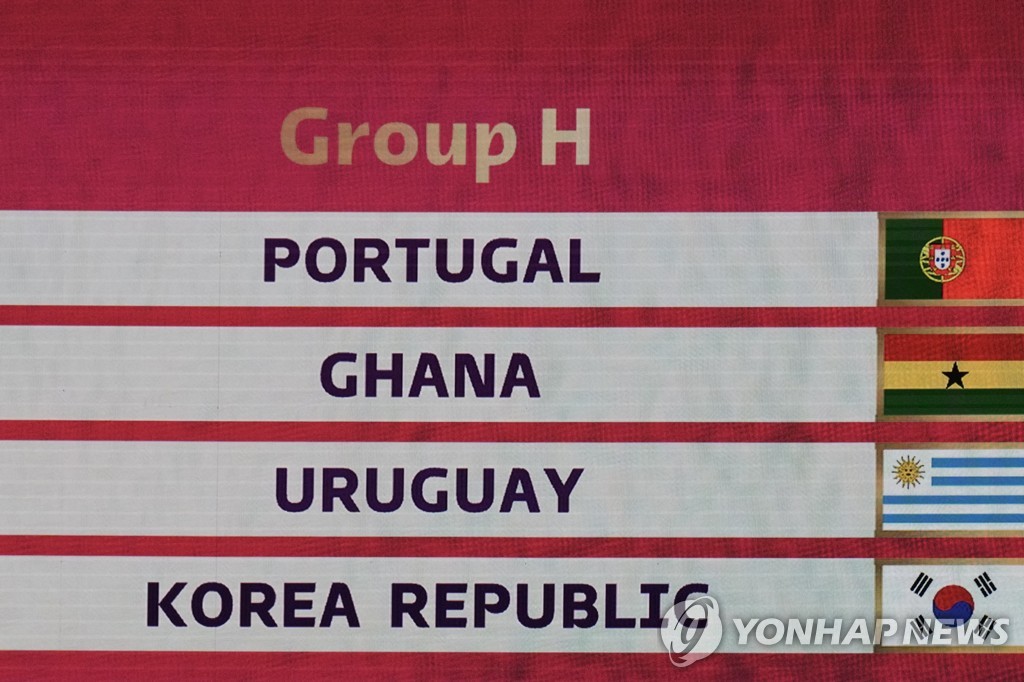 This Associated Press photo shows Group H teams, including South Korea, for the 2022 FIFA World Cup during the draw held at the Doha Exhibition and Convention Center in Doha on April 1, 2022. (Yonhap)