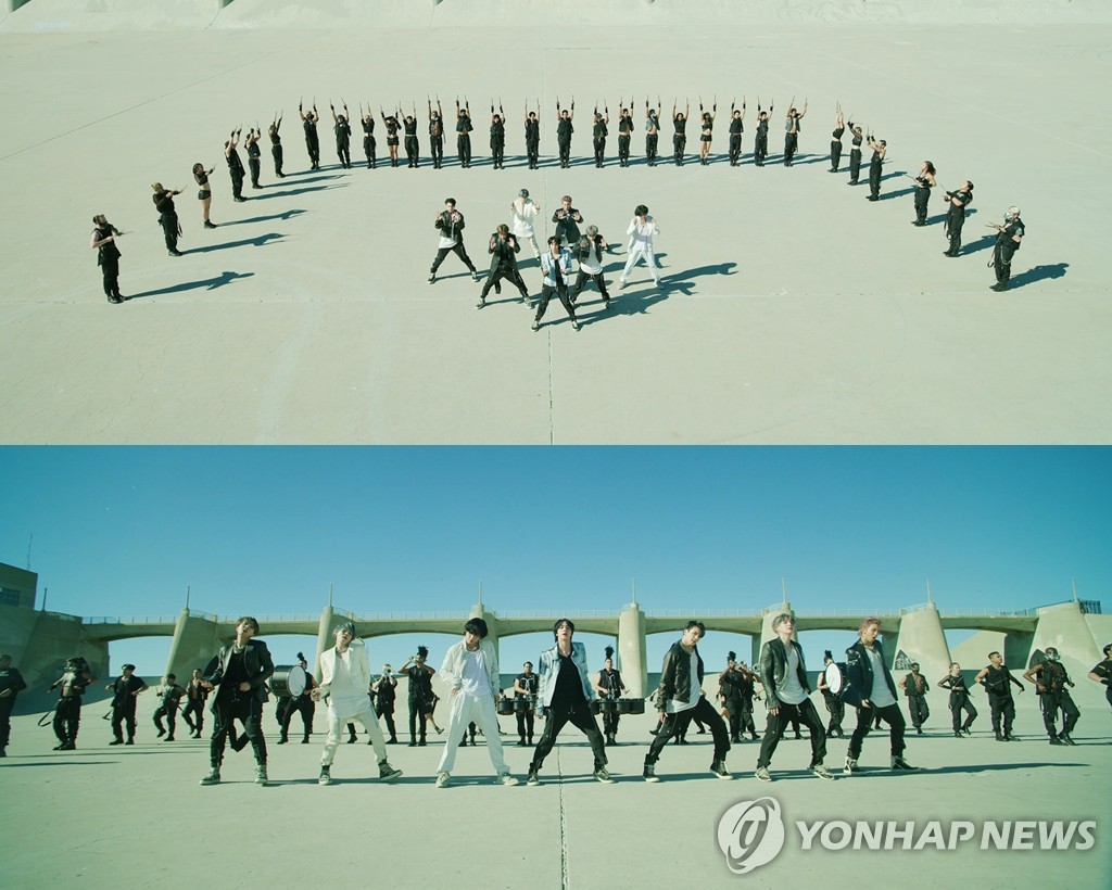 Two images taken from the music video of BTS' "ON," provided by Big Hit Entertainment (PHOTO NOT FOR SALE) (Yonhap)