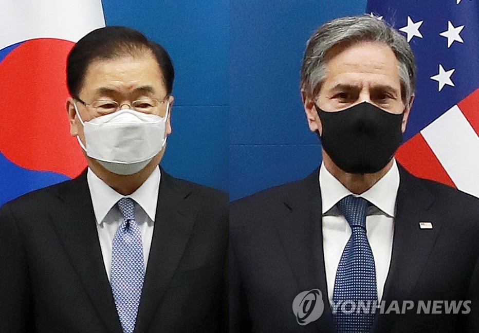 鄭氏（左）とブリンケン氏（資料写真）＝（聯合ニュース）