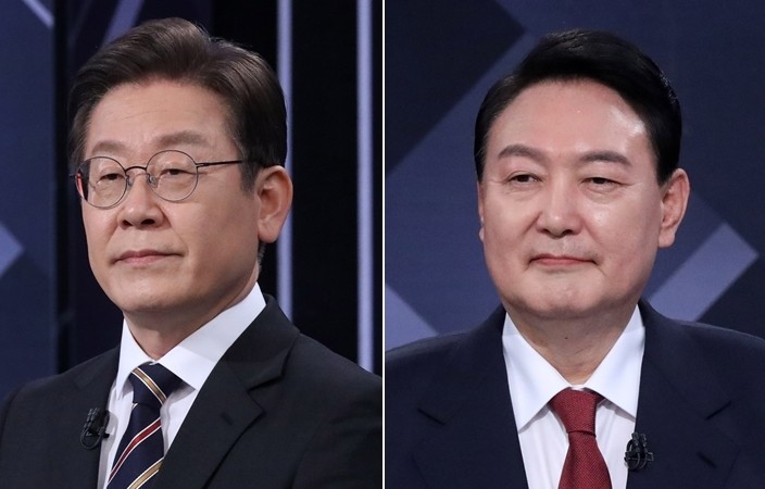 방송토론 참석한 이재명 대선후보(왼쪽)와 윤석열 대선후보