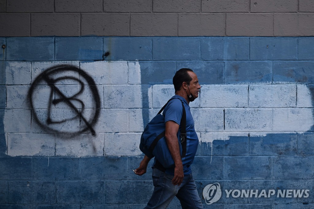 엘살바도르 수도 산살바도르 한 거리에 그려진 비트코인 반대 벽화