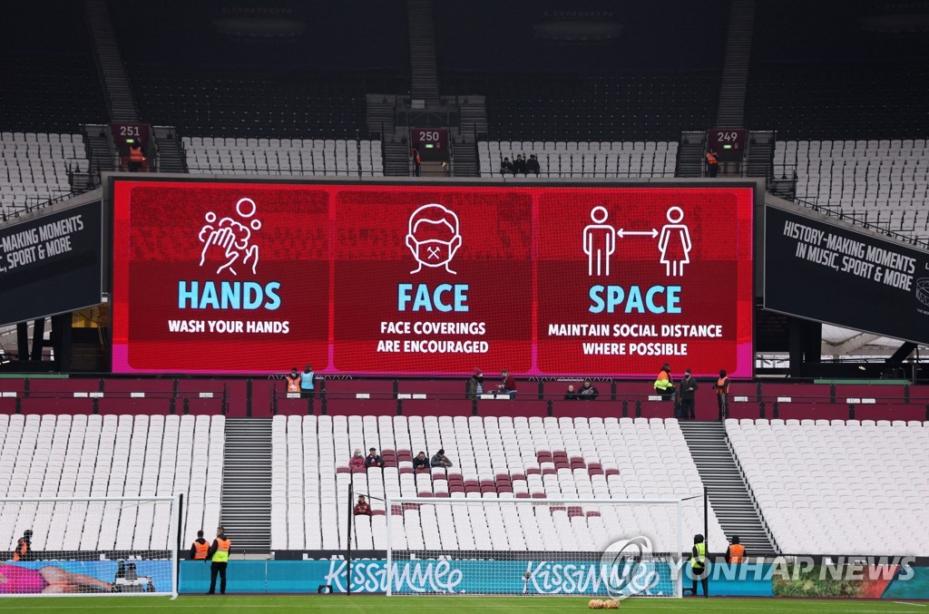 코로나19 안전 표지판이 걸린 잉글랜드 프리미어리그 경기장