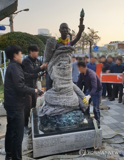 韓国・釜山市　日本総領事館近くの「労働者像」を強制撤去＝市民団体反発