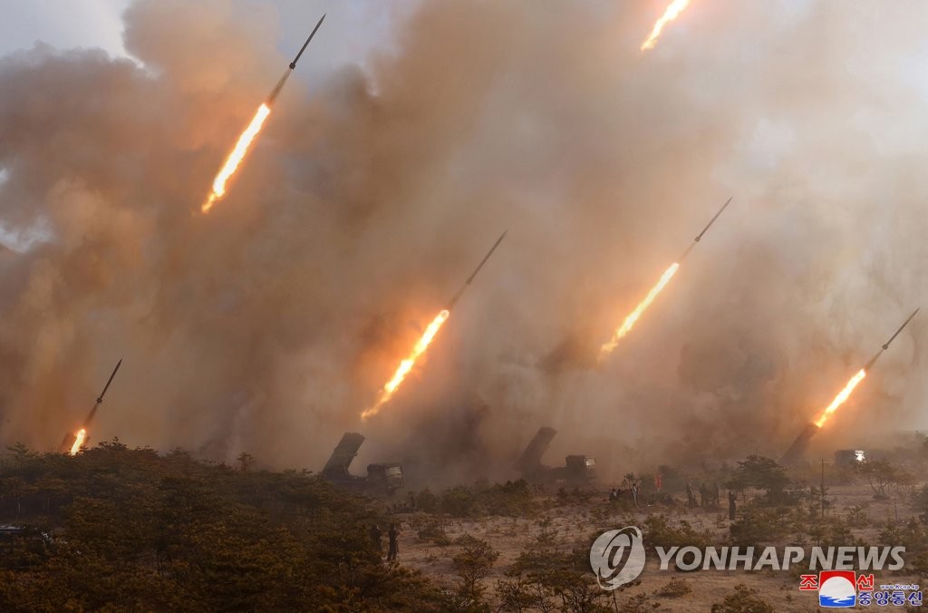 North Korea conducts a long-range artillery strike drill in this photo disclosed by the Korean Central News Agency on March 10, 2020. (For Use Only in the Republic of Korea. No Redistribution) (Yonhap)