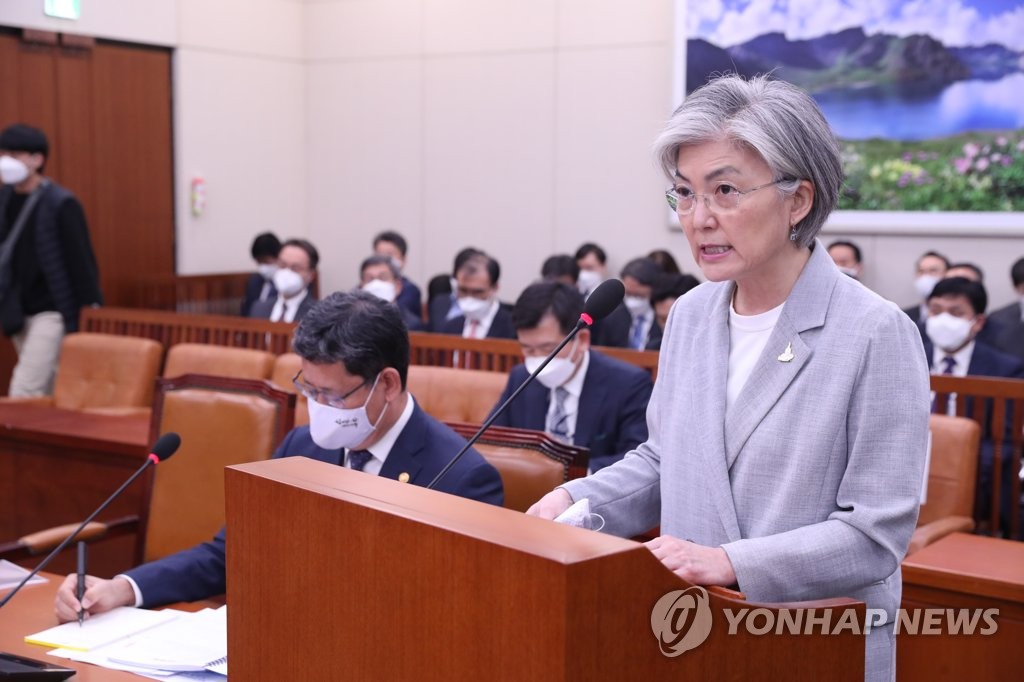 Foreign Minister Kang Kyung-wha speaks to lawmakers at a parliamentary session held at the National Assembly in Seoul on April 28, 2020. (Yonhap)