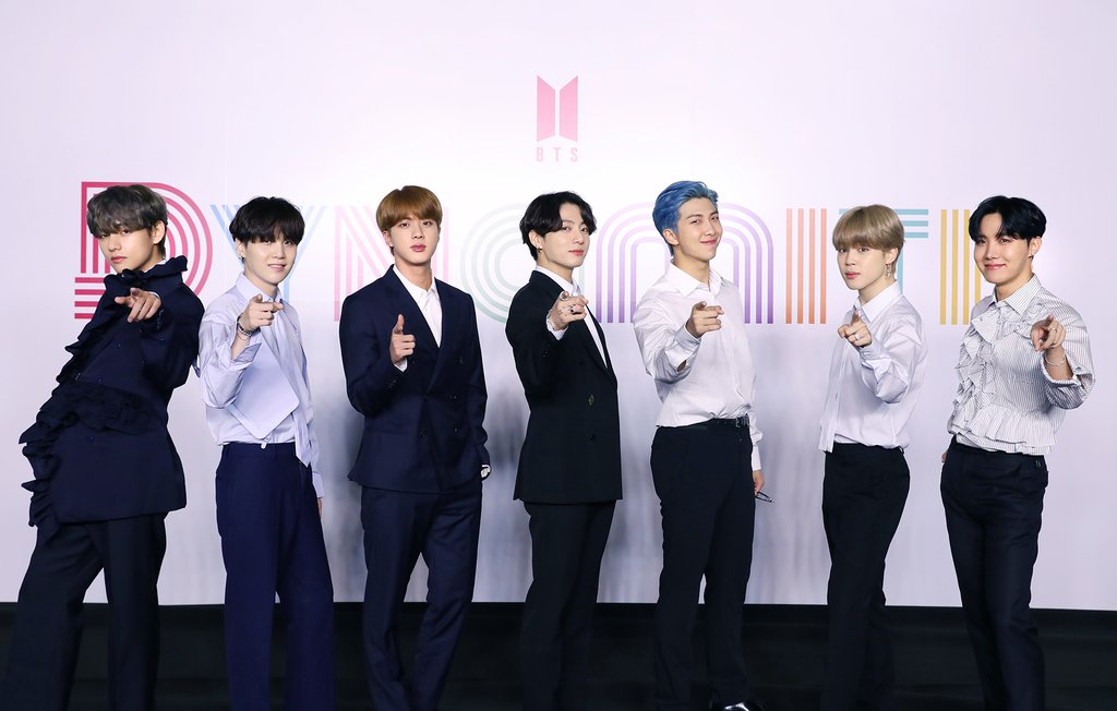 This photo provided by Big Hit Entertainment shows members of K-pop group BTS posing for photos during an online press conference to unveil the group's new single "Dynamite" in Seoul on Aug. 21, 2020. (PHOTO NOT FOR SALE) (Yonhap)