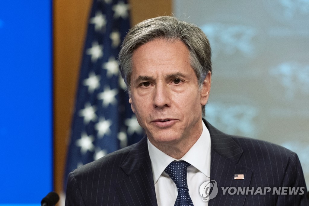 U.S. Secretary of State Antony Blinken speaks during a press briefing at the State Department in Washington on Feb. 26, 2021 in this photo released by the Associated Press. (Yonhap)