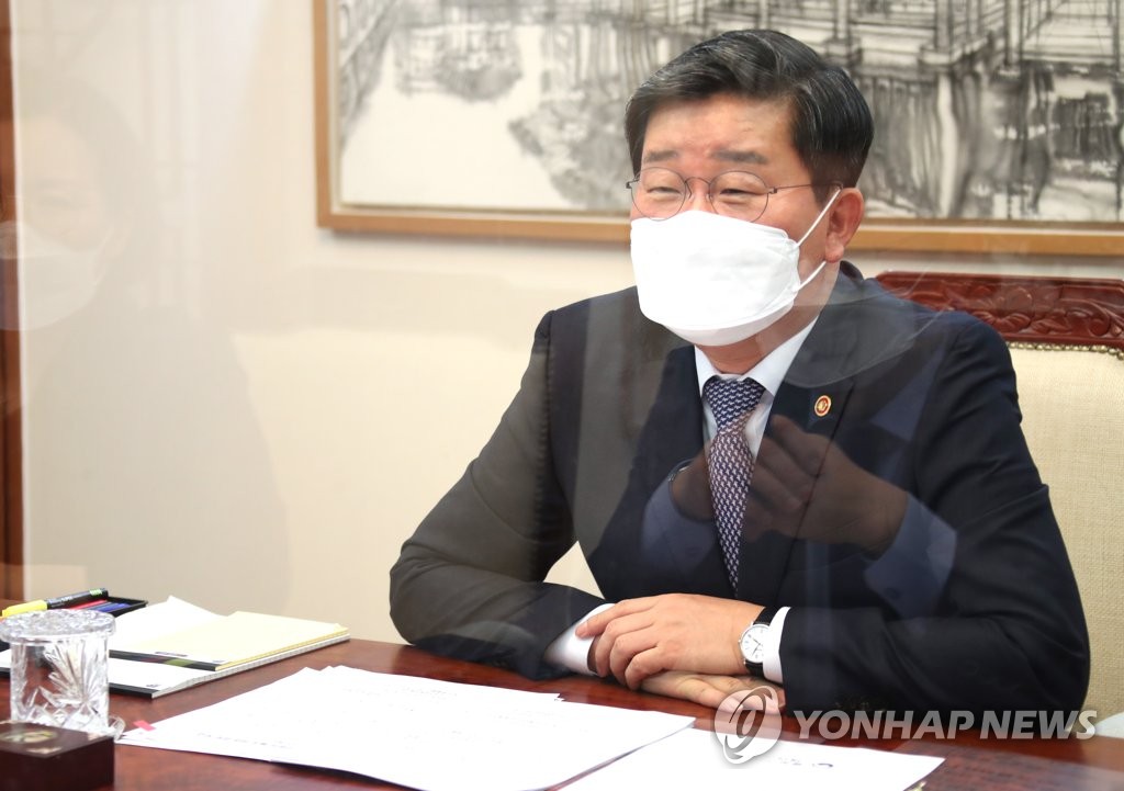 South Korea's Minister of the Interior and Safety Jeon Hae-cheol speaks during an interview with Yonhap News Agency at the government complex in Seoul on April 9, 2021. (Yonhap)