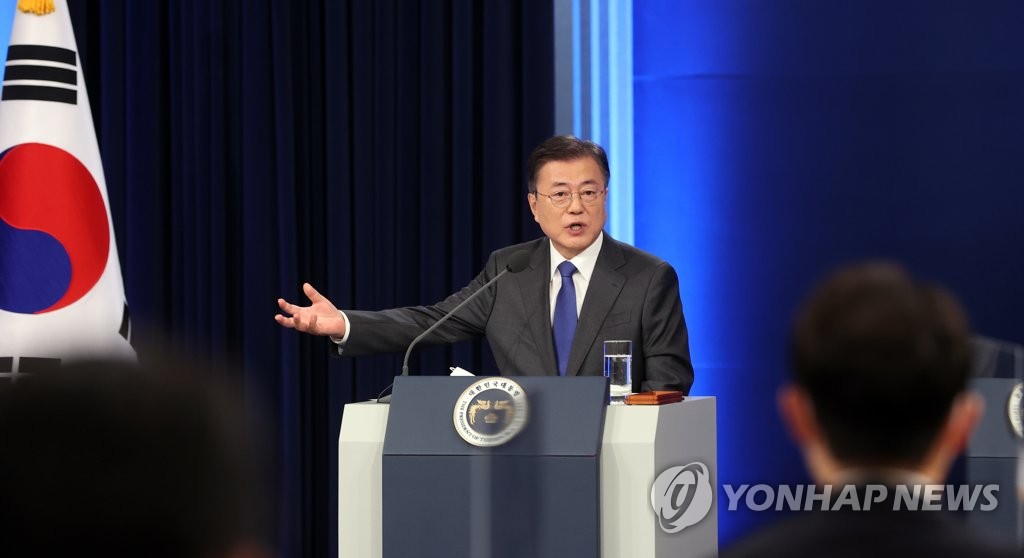 President Moon Jae-in answers reporters' questions after delivering a special address at the presidential office Cheong Wa Dae in Seoul on May 10, 2021, to mark the completion of the fourth year of his five-year term that began May 10, 2017. (Yonhap)